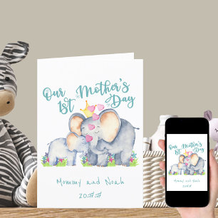 Moeder en Baby Olifant Teal 1e Moederdag kaart