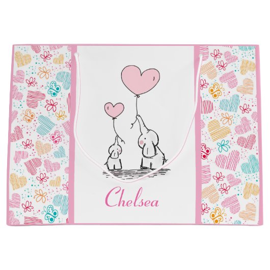 Moeder en Baby Olifanten met Kleurrijke Harten Groot Cadeauzakje (Voorkant)