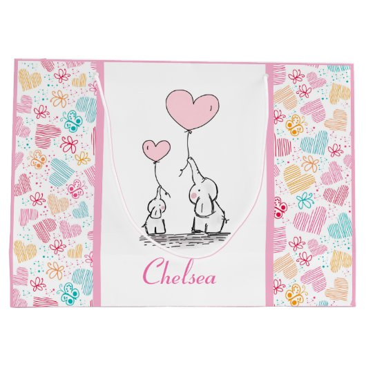 Moeder en Baby Olifanten met Kleurrijke Harten Groot Cadeauzakje (Achterkant)