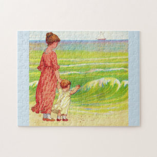 moeder en baby op het strand legpuzzel