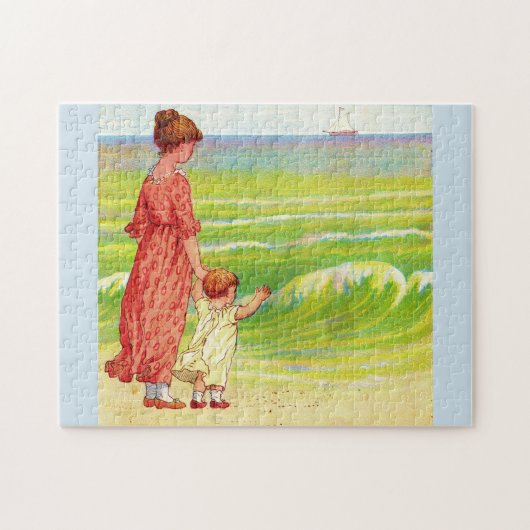 moeder en baby op het strand legpuzzel (Horizontaal)