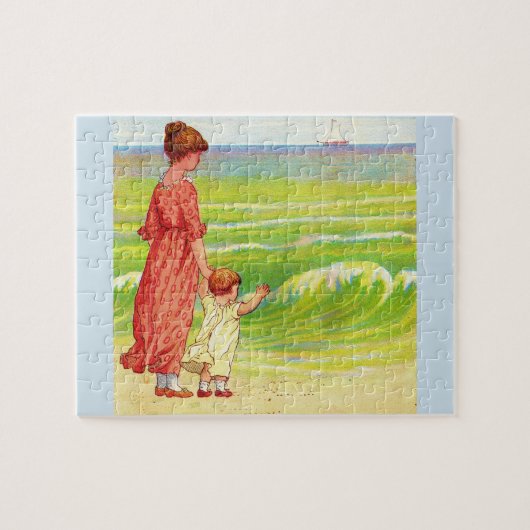 moeder en baby op het strand legpuzzel (Horizontaal)