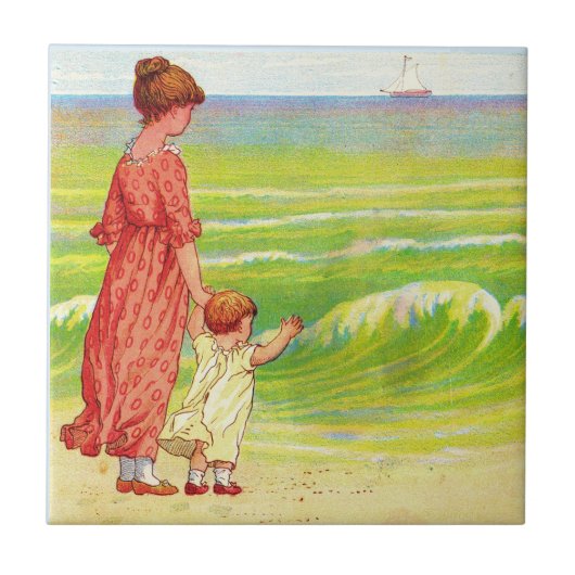 moeder en baby op het strand tegeltje (Voorkant)