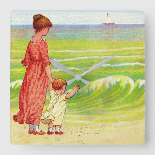 moeder en baby op het strand vierkante klok (Voorkant)