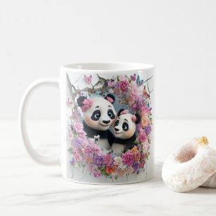 Moeder en Baby panda's komen speels uit de muur te Koffiemok