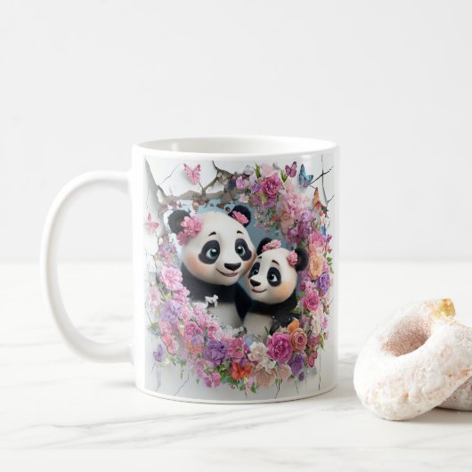 Moeder en Baby panda's komen speels uit de muur te Koffiemok (Met donut)