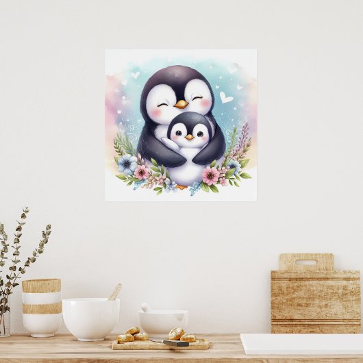 Moeder en Baby Pinguïn Poster (Keuken)