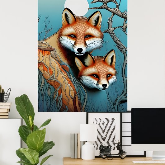 Moeder en Baby Red Fox Poster (Thuiskantoor)