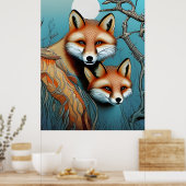 Moeder en Baby Red Fox Poster (Keuken)
