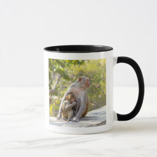 Moeder en baby Rhesus Macaque apen aan de muur Mok