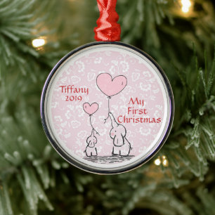 Moeder en Baby roze olifant - Mijn eerste Kerstmis Metalen Ornament