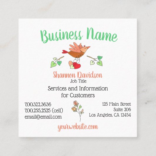 Moeder en Baby Vogels in Nest Maest with Love Cute Vierkante Visitekaartje (Achterkant)