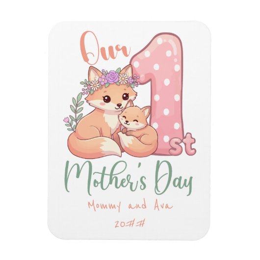 Moeder en Baby Vos Roze 1e Moederdag Magneet (Verticaal)