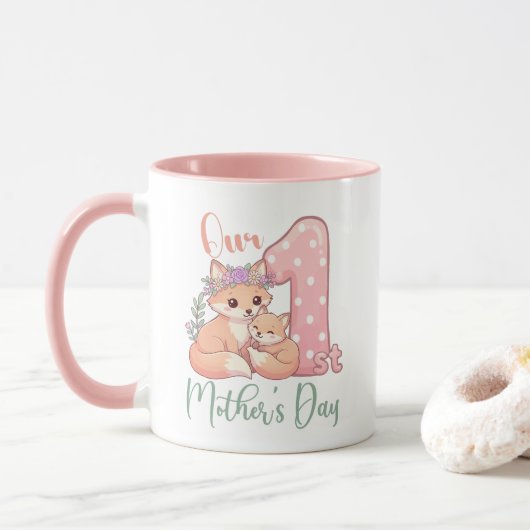 Moeder en Baby Vos Roze 1e Moederdag Mok (Met donut)