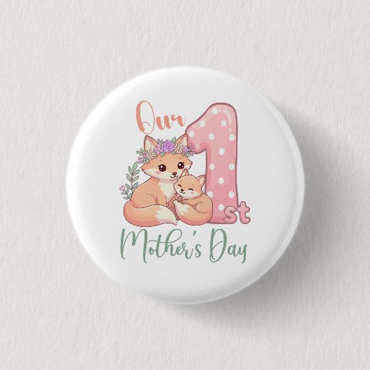 Moeder en Baby Vos Roze 1e Moederdag Ronde Button 3,2 Cm (Voorkant)