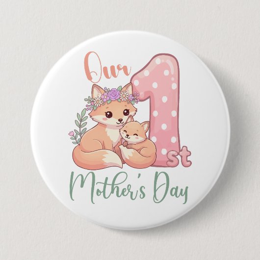 Moeder en Baby Vos Roze 1e Moederdag Ronde Button 7,6 Cm (Voorkant)