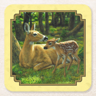 Moeder en Baby Whitetail Herten Geel Kartonnen Onderzetters