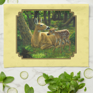Moeder en Baby Whitetail Herten Geel Theedoek