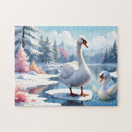 Moeder en Baby Zwaan Winterpuzzel Legpuzzel (Horizontaal)