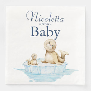 Moeder en babyzeehond op ijs Winter babyshower Servet