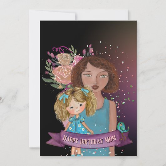 Moeder en Dochter Illustratie Bloemen Verjaardag K Feestdagenkaart (Voorkant)