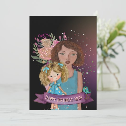 Moeder en Dochter Illustratie Bloemen Verjaardag K Feestdagenkaart (Staand voorkant)