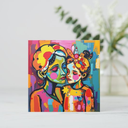 Moeder en dochter kleurrijke kunst Moederdag Kaart (Staand voorkant)