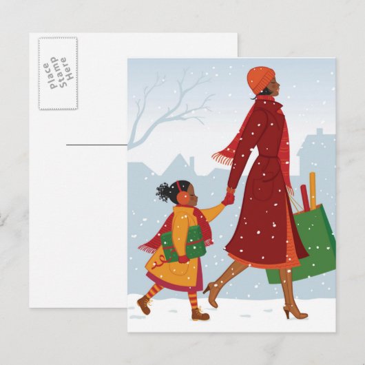 Moeder en dochter met cadeau en boodschappenzak briefkaart (Voorkant / Achterkant)