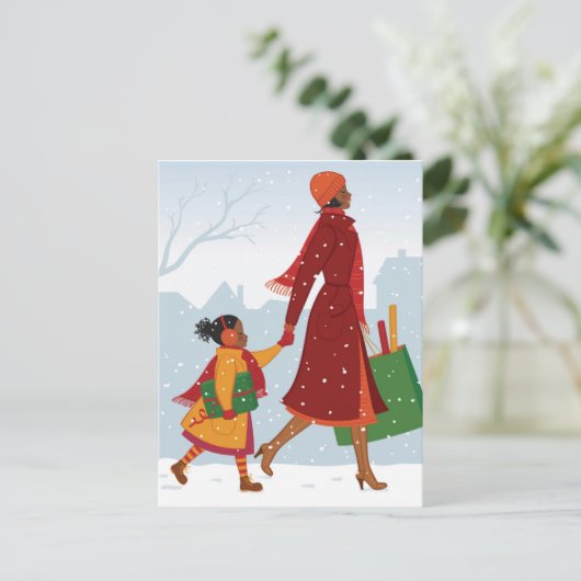 Moeder en dochter met cadeau en boodschappenzak briefkaart (Staand voorkant)