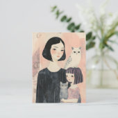 Moeder en dochter met kat en uil kat briefkaart (Staand voorkant)