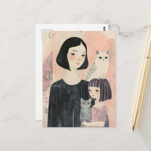 Moeder en dochter met kat en uil kat briefkaart