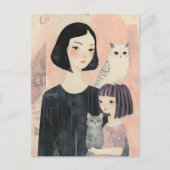 Moeder en dochter met kat en uil kat briefkaart (Voorkant)