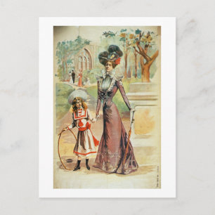 Moeder en dochter op een wandeling (kleurenlitho) briefkaart