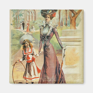 Moeder en dochter op een wandeling (kleurenlitho) magneet