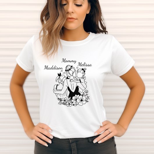 Moeder en dochter vullen kunst met namen t-shirt