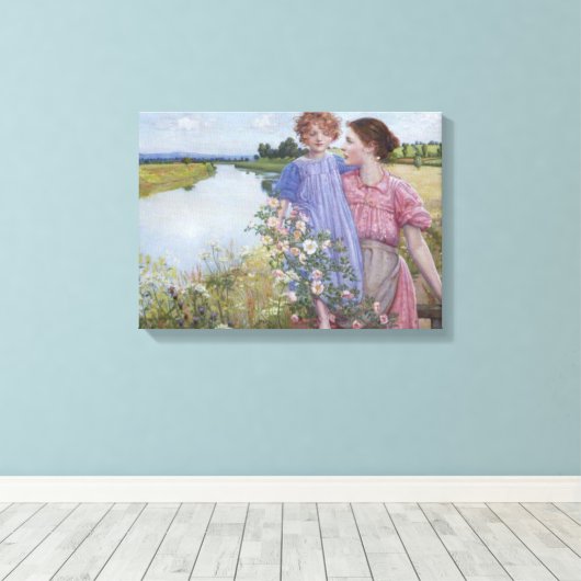 Moeder en kind door een rivier met wilde Rozen Canvas Afdruk (Insitu (Houten vloer))