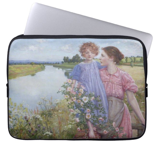 Moeder en kind door een rivier met wilde Rozen Laptop Sleeve (Voorkant)