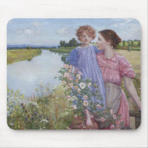 Moeder en kind door een rivier met wilde Rozen Muismat