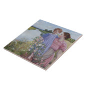 Moeder en kind door een rivier met wilde Rozen Tegeltje (Zijkant)