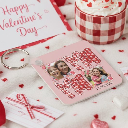 Moeder en kind foto rood geruit valentijnsharten sleutelhanger
