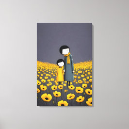 Moeder en kind hand in hand in een gouden bloem canvas afdruk