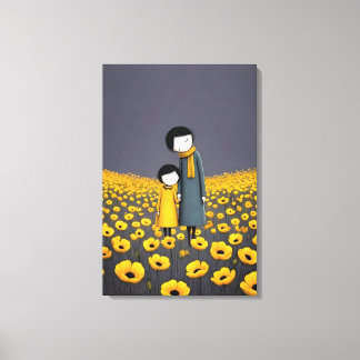 Moeder en kind hand in hand in een gouden bloem canvas afdruk