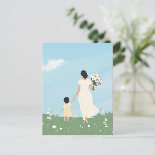 Moeder en kind in een bloeiende weide briefkaart (Staand voorkant)