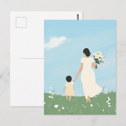 Moeder en kind in een bloeiende weide briefkaart (Voorkant / Achterkant)