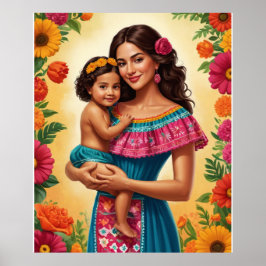 Moeder en kind in Mexicaanse jurk Poster