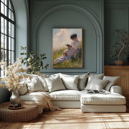 Moeder en kind in zonovergoten weide - Impressioni Poster