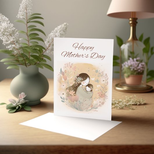 Moeder en kind met Waterverf bloemen Kaart