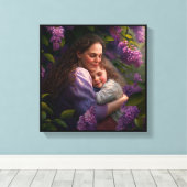 Moeder en kind onder een Lila Struik Canvas Afdruk (Insitu (Houten vloer))