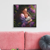 Moeder en kind onder een Lila Struik Canvas Afdruk (Insitu (Woonkamer))