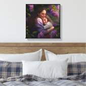Moeder en kind onder een Lila Struik Canvas Afdruk (Insitu (Slaapkamer))